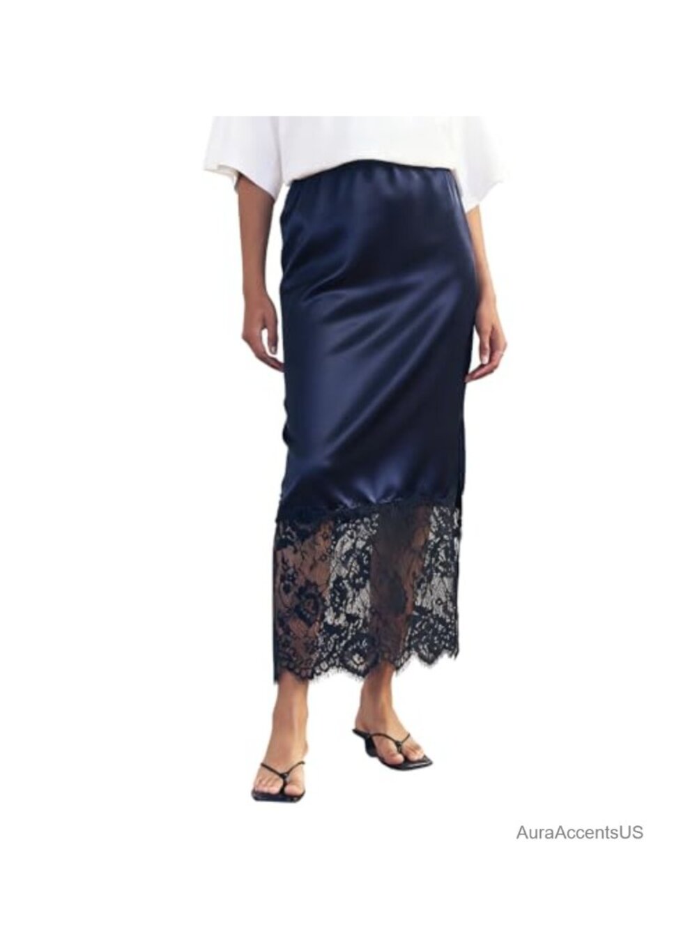 Satin Maxi Skirt Women Lace Patchwork Long Skirt Elastic Waist Side Zip A-Line